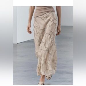 Zara ZW Collection Beaded Embroidery Long Skirt Sand Beige L new